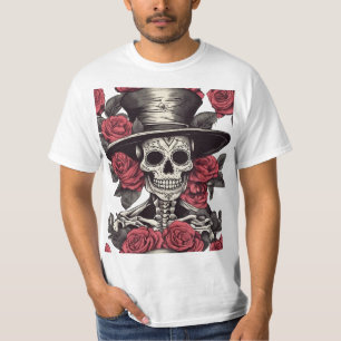 Camiseta Esqueleto em Rosas: Dia da Elegância Morta
