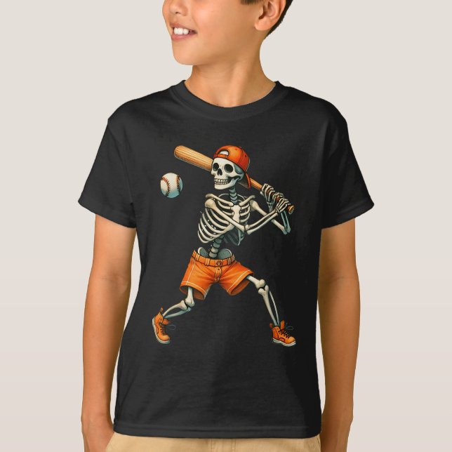 Camiseta Esqueleto Engraçado Batendo Homens do Halloween do (Frente)