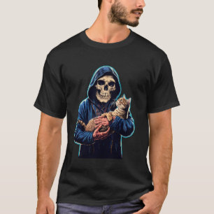 Camiseta Esqueleto engraçado brincando com um gato Crânio G