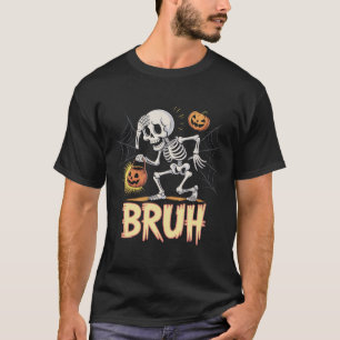 Camiseta Esqueleto engraçado correndo com balde de abóbora