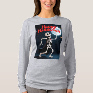 Camiseta Esqueleto Engraçado Dançando com Faixa "Feliz Hall