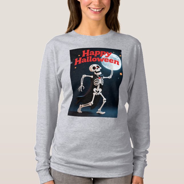 Camiseta Esqueleto Engraçado Dançando com Faixa "Feliz Hall (Frente)