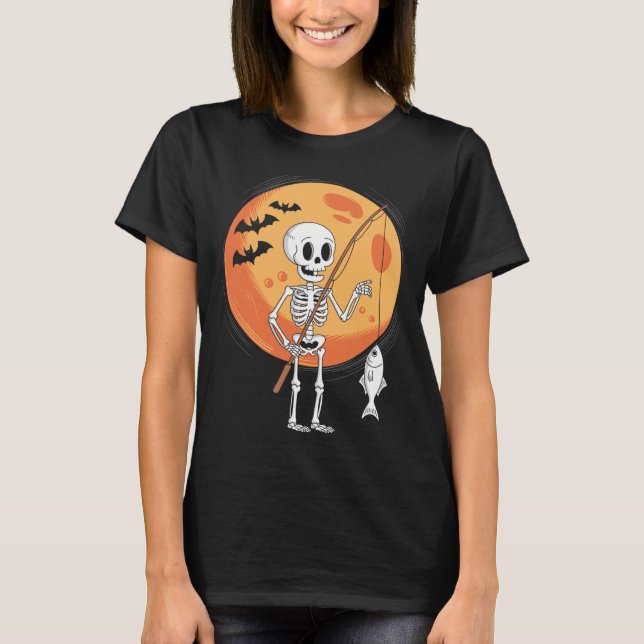 Camiseta Esqueleto Engraçado de Pesca Amantes Lua Assustado (Frente)