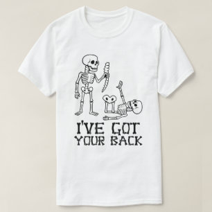 Camiseta Esqueleto Engraçado "Eu tenho suas costas" trocadi