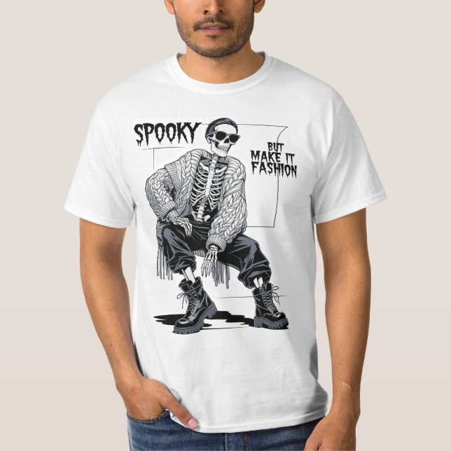 Camiseta Esqueleto Engraçado Mas Faça Moda Assustadora (Frente)