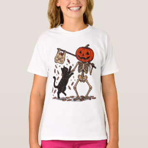 Camiseta Esqueleto Engraçado Passeando Gato Preto no Hallow