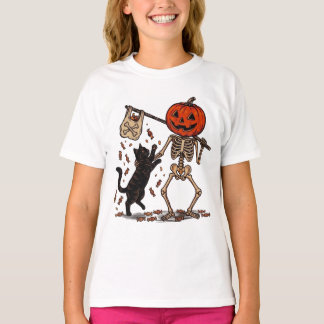 Camiseta Esqueleto Engraçado Passeando Gato Preto no Hallow