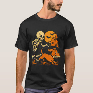 Camiseta Esqueleto Engraçado Perseguindo Cachorro Dachshund