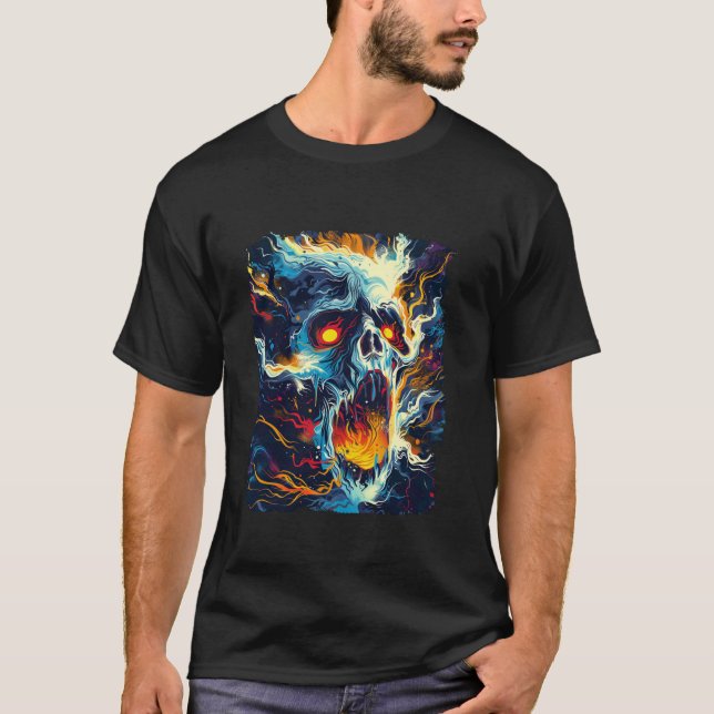 Camiseta Esqueleto Engraçado Queimando crânios Homens das B (Frente)