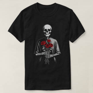 Camiseta Esqueleto Escuro com Buquê de Rosas Vermelhas Bouq