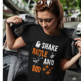 Camiseta Esqueleto Fantasma Dançante Shake Rattle Boo Hallo