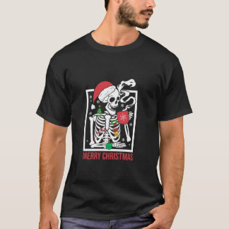 Camiseta Esqueleto Feliz De Natal Vestindo Papai Noel Com C