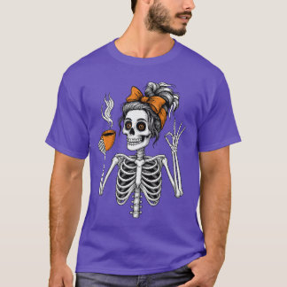 Camiseta Esqueleto Feminino Amante do Café Abóbora de Hallo