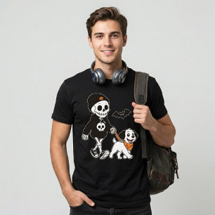 Camiseta Esqueleto Fofo Passeando Cachorro no Halloween
