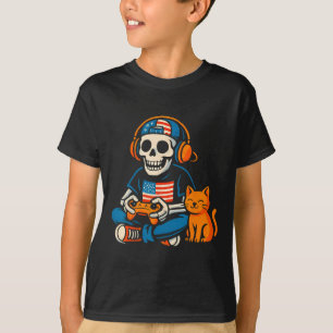 Camiseta Esqueleto Gamer Patriótico Engraçado de Desenho An