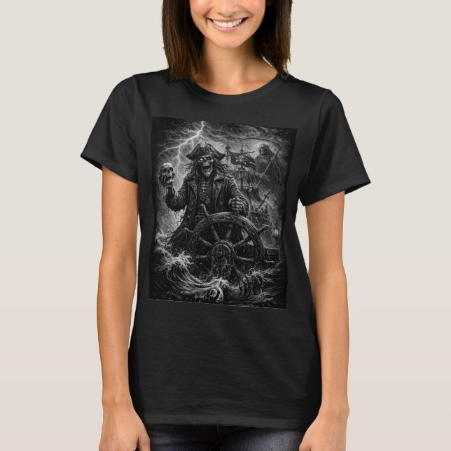 Camiseta Esqueleto Gótico Pirata Amaldiçoado  (Frente)