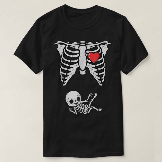 Camiseta Esqueleto Gravidez Anúncio Xray Halloween Custo (Frente do Design)