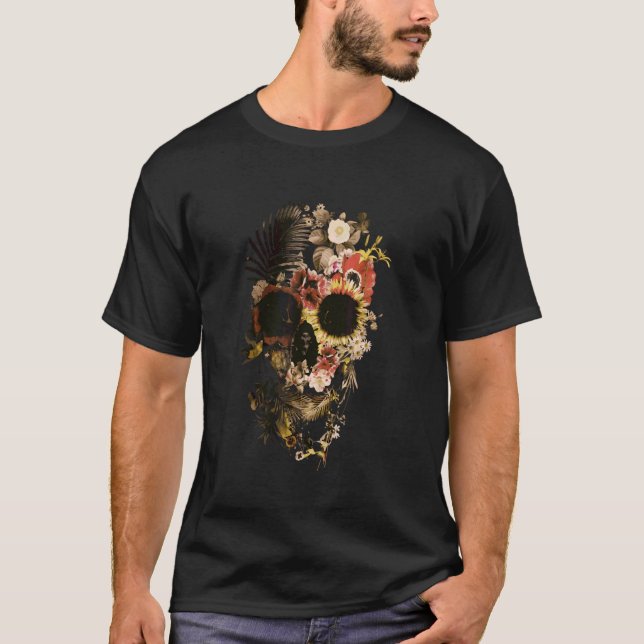 Camiseta Esqueleto Humano Cabeça Jardim Cemitério (Frente)