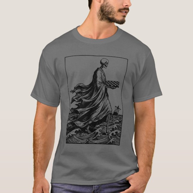 Camiseta esqueleto joga xadrez (Frente)