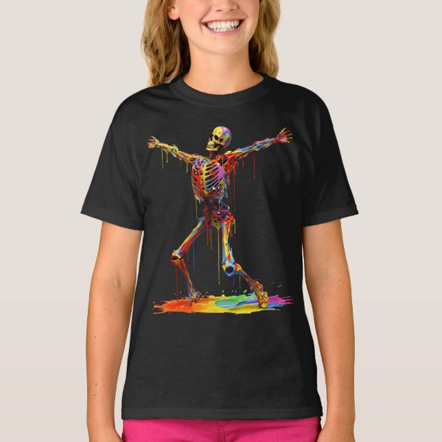 Camiseta Esqueleto Joyful: Dança de Cores (Frente)