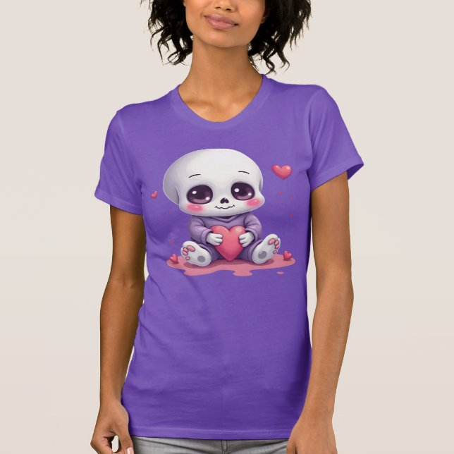 Camiseta Esqueleto Kawaii Segurando Coração (Frente)