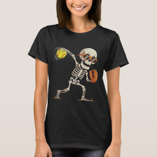 Camiseta Esqueleto Lançando Bolas de Softbol de Halloween E