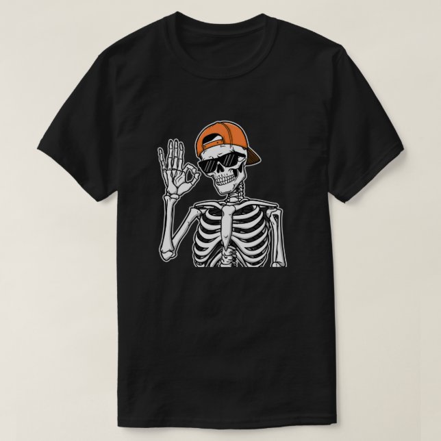 Camiseta Esqueleto legal com Boné laranja | Halloween de Sa (Frente do Design)