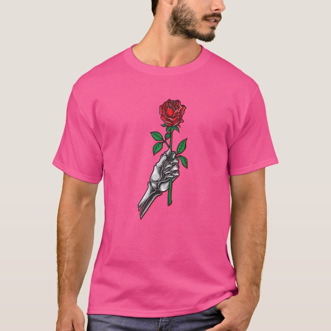 Camiseta Esqueleto Mão Segurando Gráfico da Flor da Rosa ve (Frente)