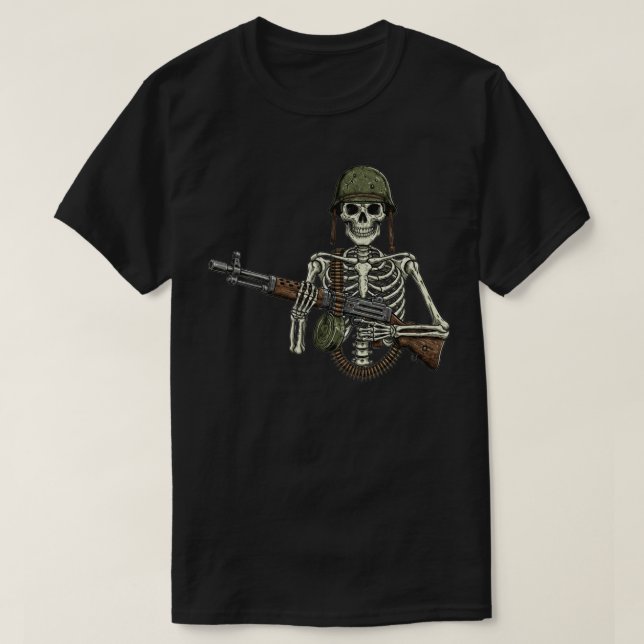 Camiseta Esqueleto Militar com uma Arma (Frente do Design)