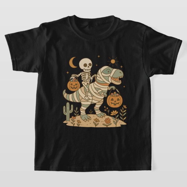 Camiseta Esqueleto Montando Dinossauro com Doce (Postura )