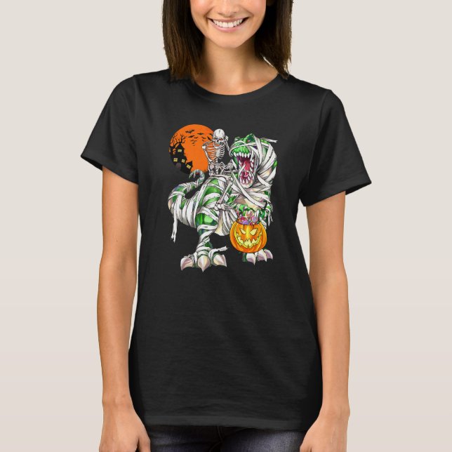 Camiseta Esqueleto Montando Dinossauro Rex Lua Assustador d (Frente)