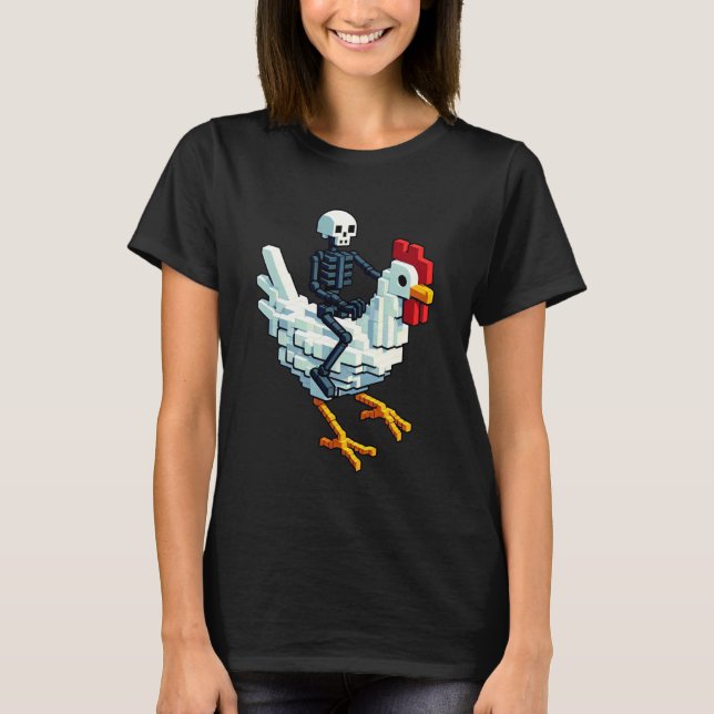 Camiseta Esqueleto Montando Frango Estilo Bloco Pixel Art G (Frente)