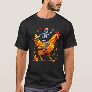 Camiseta Esqueleto Montando Frango Estilo Bloco Pixel Art G
