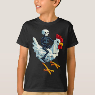 Camiseta Esqueleto Montando Frango Estilo Bloco Pixel Art G