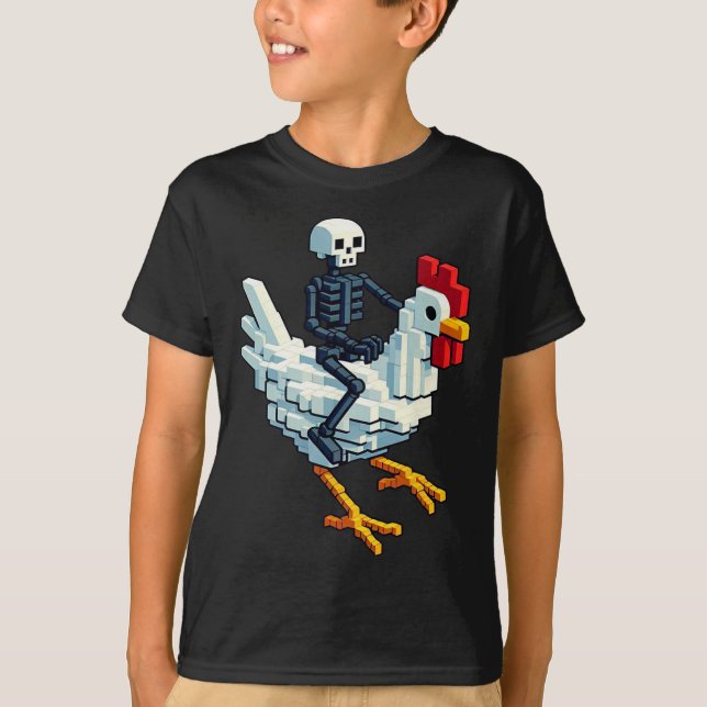 Camiseta Esqueleto Montando Frango Estilo Bloco Pixel Art G (Frente)