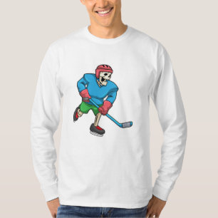 Camiseta Esqueleto no hóquei em gelo com bastão de hóquei e