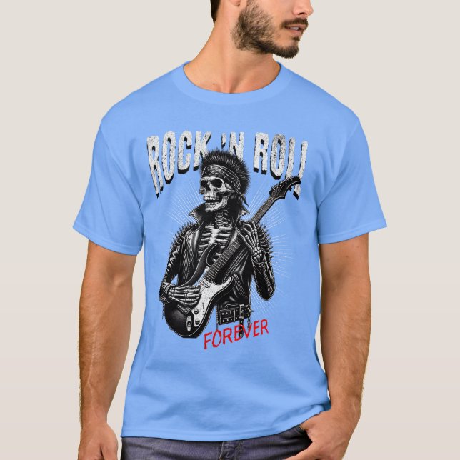 Camiseta Esqueleto para Sempre de Rock and Roll Tocando Gui (Frente)