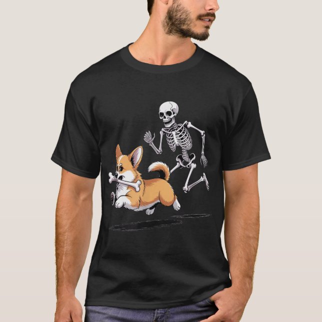 Camiseta Esqueleto perseguindo o cachorro do Halloween Corg (Frente)