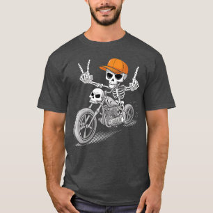 Camiseta Esqueleto Rocker em Moto Halloween Legal Punk