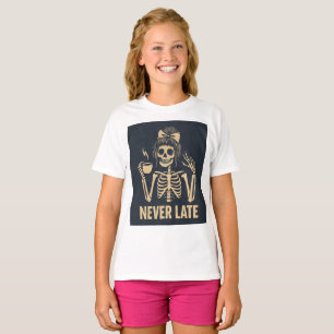 Camiseta Esqueleto Sassado 'Nunca Atrasado' Menina Engraçad