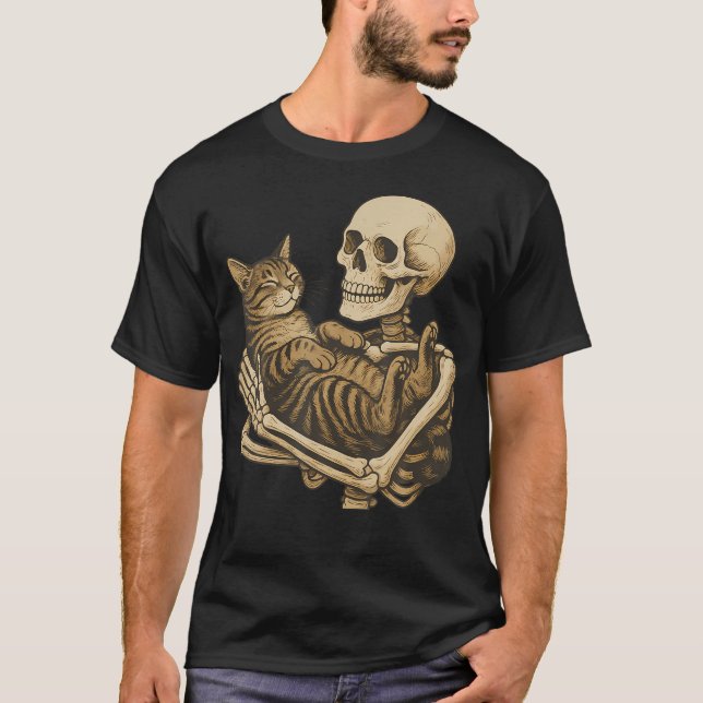 Camiseta Esqueleto Segurando Gato (Frente)