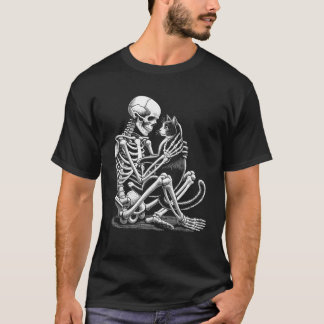 Camiseta Esqueleto Segurando Um Gato Engraçado, Preguiçoso