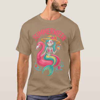 Camiseta Esqueleto Sereia Flamingo Assustador Festa de Verã
