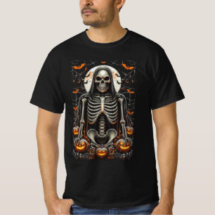 Camiseta Esqueleto Sinistro e Abóboras Glow Halloween