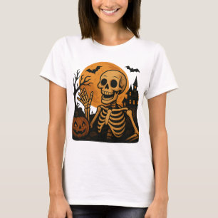 Camiseta Esqueleto Sorridente com Abóbora e Lua Cheia – Spo