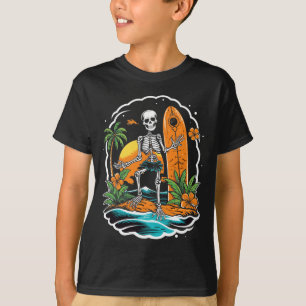 Camiseta Esqueleto Surfando Performance de Halloween no Hav