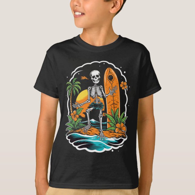 Camiseta Esqueleto Surfando Performance de Halloween no Hav (Frente)