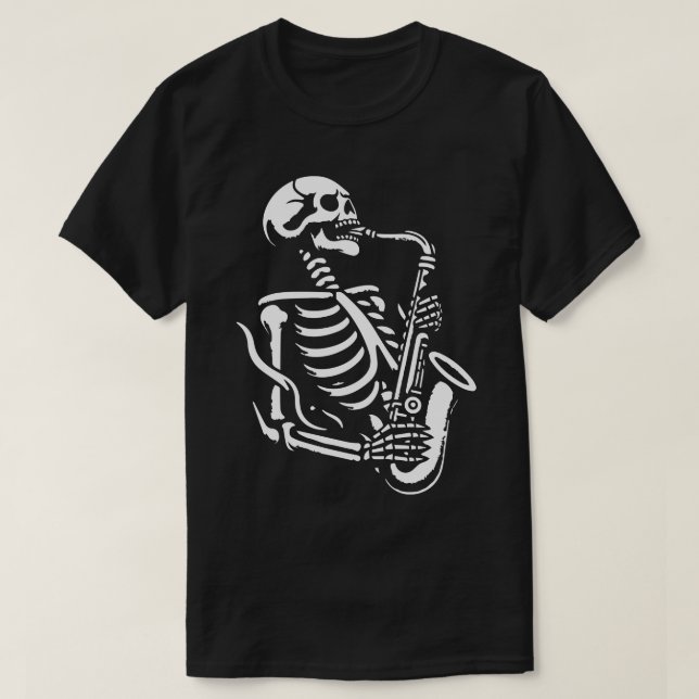 Camiseta esqueleto toca saxofone 3 (Frente do Design)