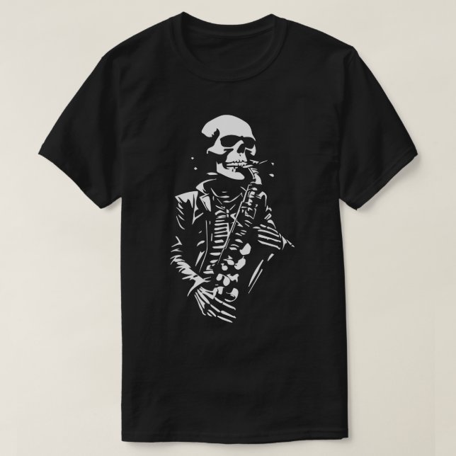 Camiseta esqueleto tocando saxofone (Frente do Design)