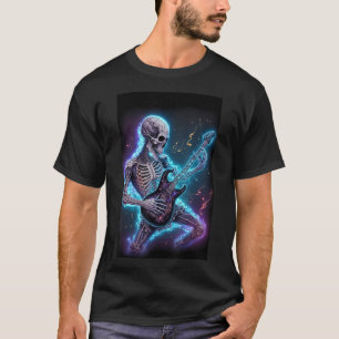Camiseta esqueleto tocando violão elétrico no espaço